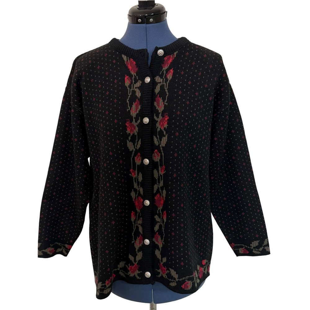 Croft & Barrow Black Red Floral Rose Button Up Cardigan Sweater Grandma Cabin M